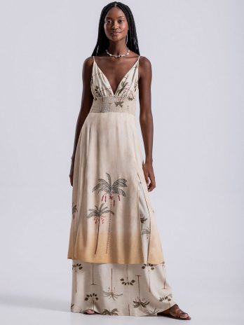 Vestido Alças Longo C/ Decote V C/ Sobreposição