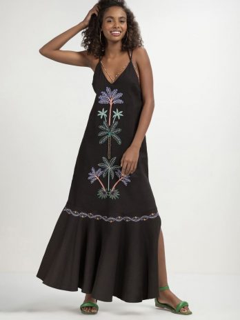Vestido Longo Linho C/ Bordado Palmeira