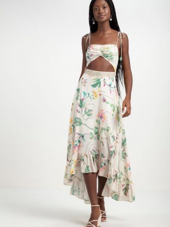 Vestido Estampado C/ Abertura / Bordado Crochet Cintura