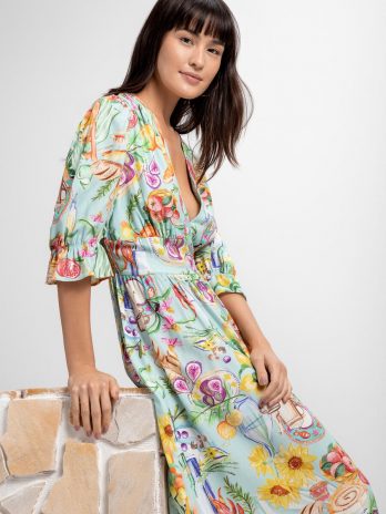 Vestido Crepe Estampado Manga 3/4