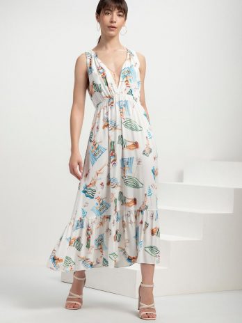 Vestido Estampado Decote V C/ Abertura Costas