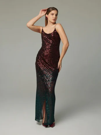 Vestido Lantejoulas Degrade Longo Alça Fina C/ Abertura bertura