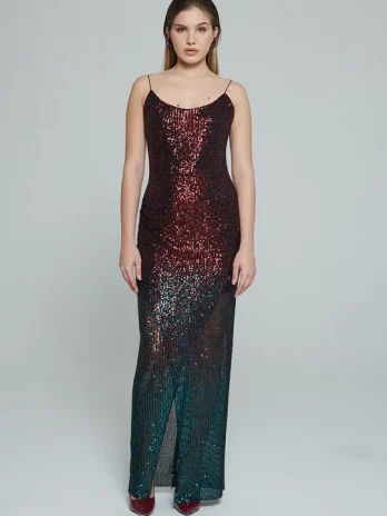 Vestido Lantejoulas Degrade Longo Alça Fina C/ Abertura bertura