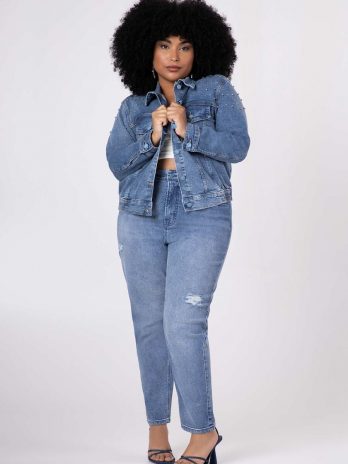 Blusão Jeans Cropped C/ Pedras Ombro