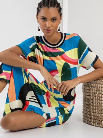 Vestido Malha Estampado C/ Abertura Costas / Riscas Gola