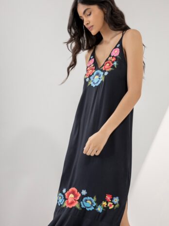 Vestido Comprido C/ Bordado Flores / Pedras Alças