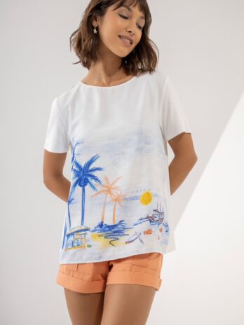 T-Shirt Crepe Estampada Costas Algodão