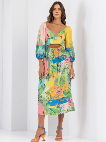 Vestido Manga 3/4 Manga Bufante C/ Laçada Trespassada