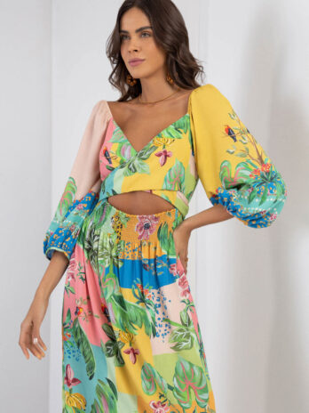 Vestido Manga 3/4 Manga Bufante C/ Laçada Trespassada