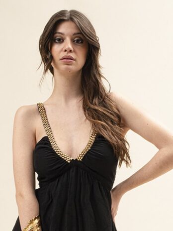 Vestido Longo Bordado C/ Tachas Decote