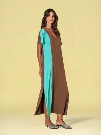 Vestido Licra Fria Decote V Bicolor