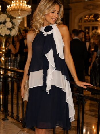 Vestido Crepe Bicolor C/ Folhos