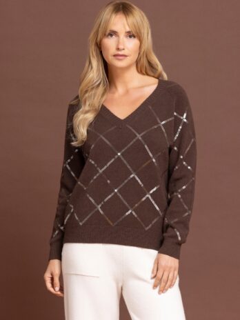 Camisola Malha Losangos Lantejoulas Decote V